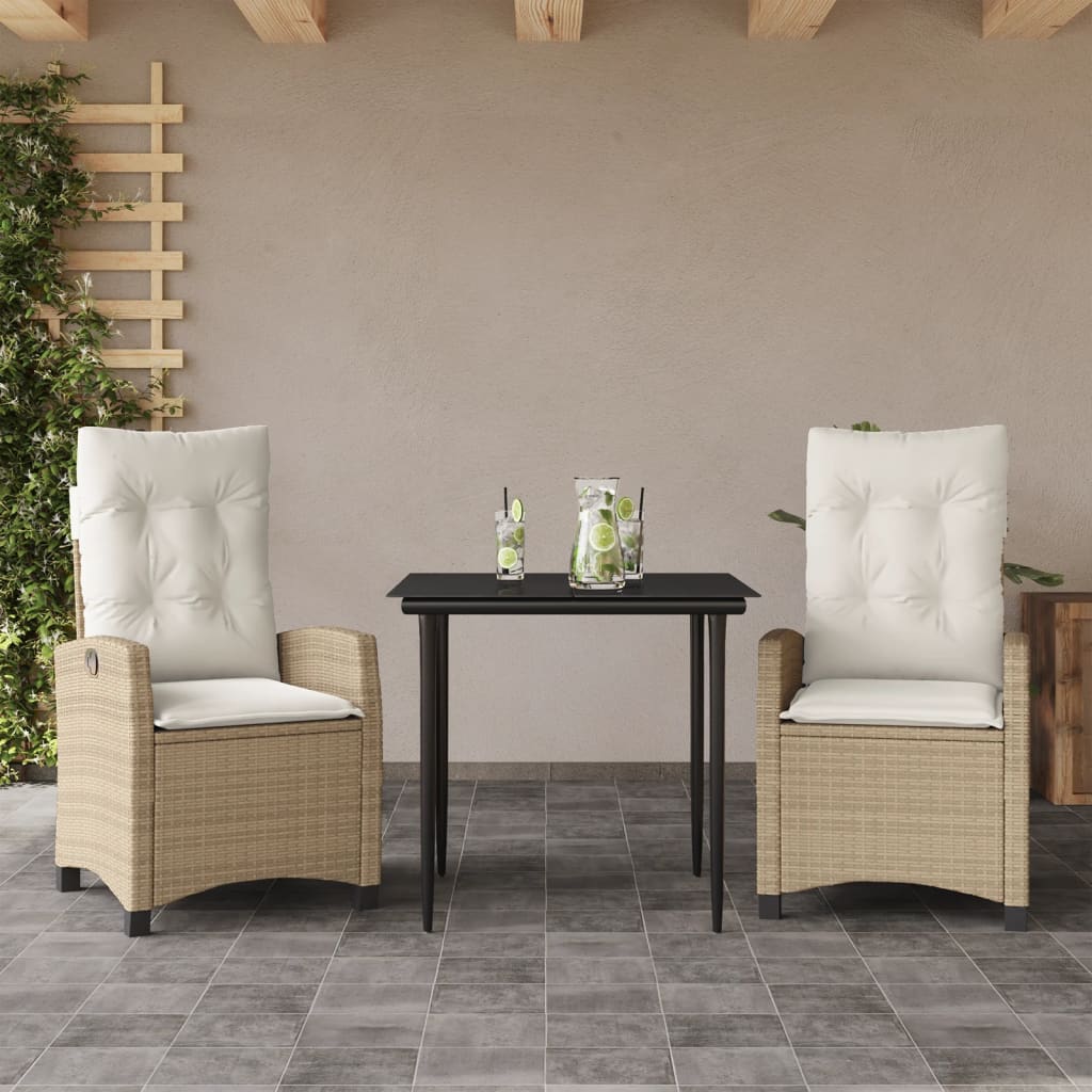 JUNG Vida 3-tlg. Garten-Essgruppe mit Kissen Beige Poly Rattan