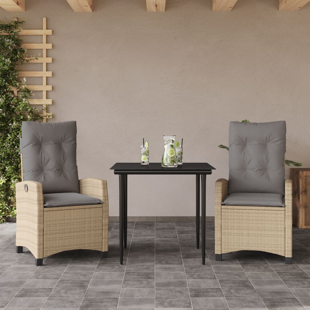 JUNG Vida 3-tlg. Garten-Essgruppe mit Kissen Beigemischung Poly Rattan