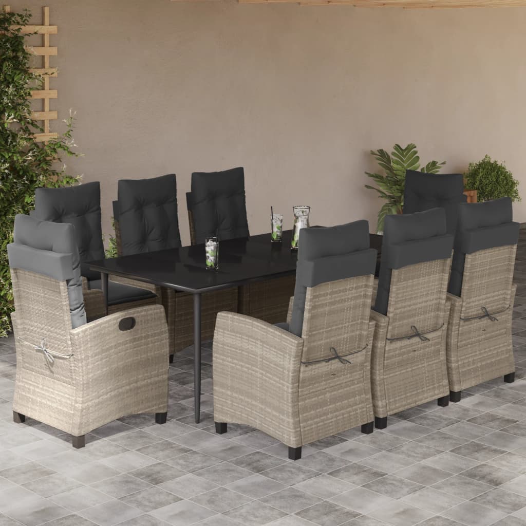 JUNG Vida 9-tlg. Garten-Essgruppe mit Kissen Hellgrau Poly Rattan