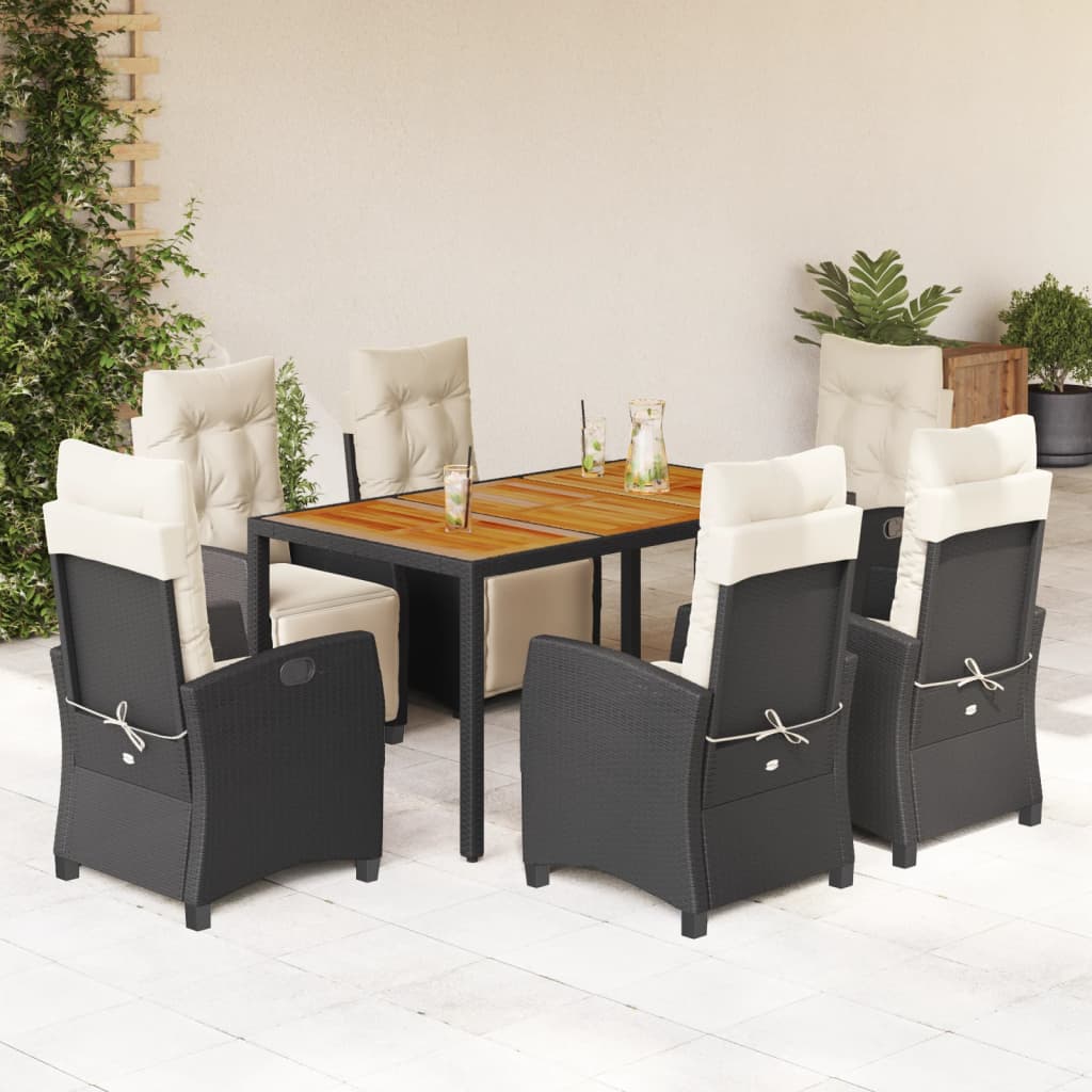 JUNG Vida 7-tlg. Garten-Essgruppe mit Kissen Schwarz Poly Rattan