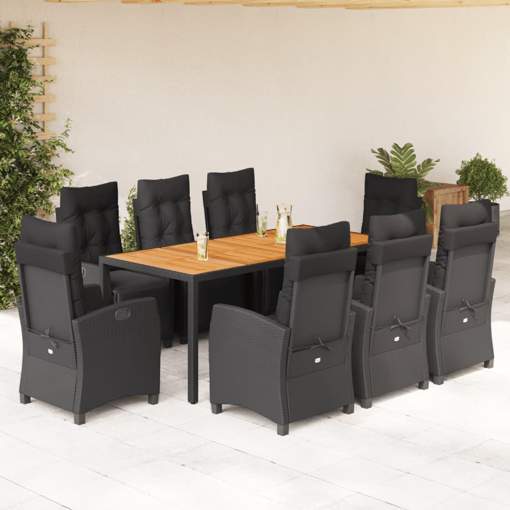 JUNG Vida 9-tlg. Garten-Essgruppe mit Kissen Schwarz Poly Rattan