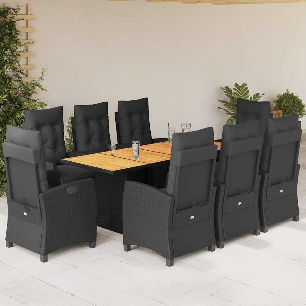 JUNG Vida 9-tlg. Garten-Essgruppe mit Kissen Schwarz Poly Rattan