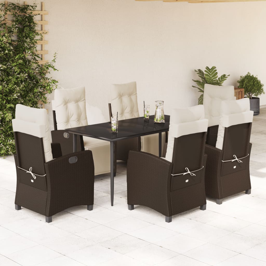 JUNG Vida 7-tlg. Garten-Essgruppe mit Kissen Braun Poly Rattan