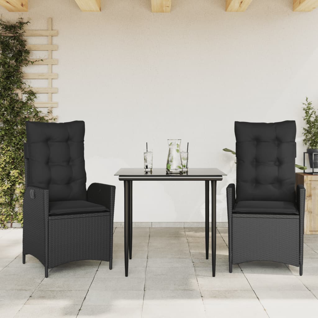 JUNG Vida 3-tlg. Garten-Essgruppe mit Kissen Schwarz Poly Rattan