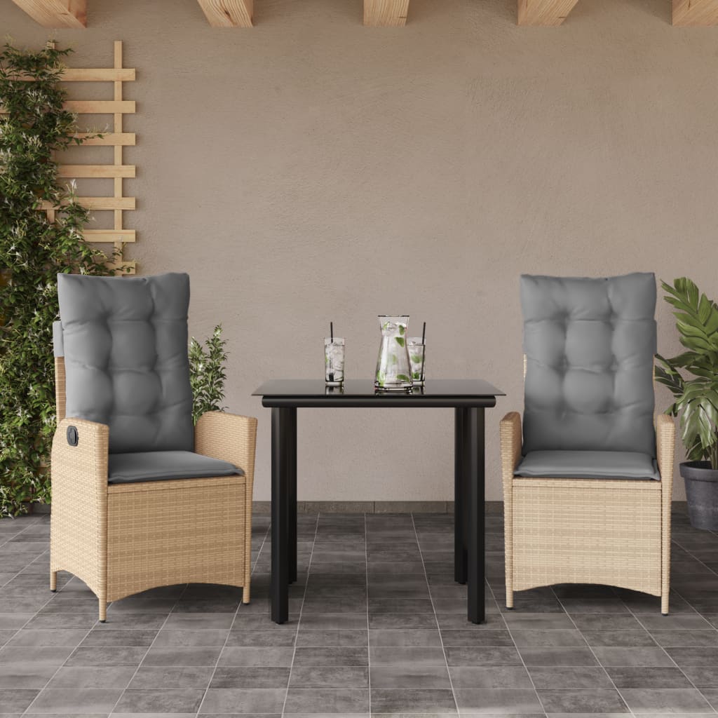 JUNG Vida 3-tlg. Garten-Essgruppe mit Kissen Beige Poly Rattan