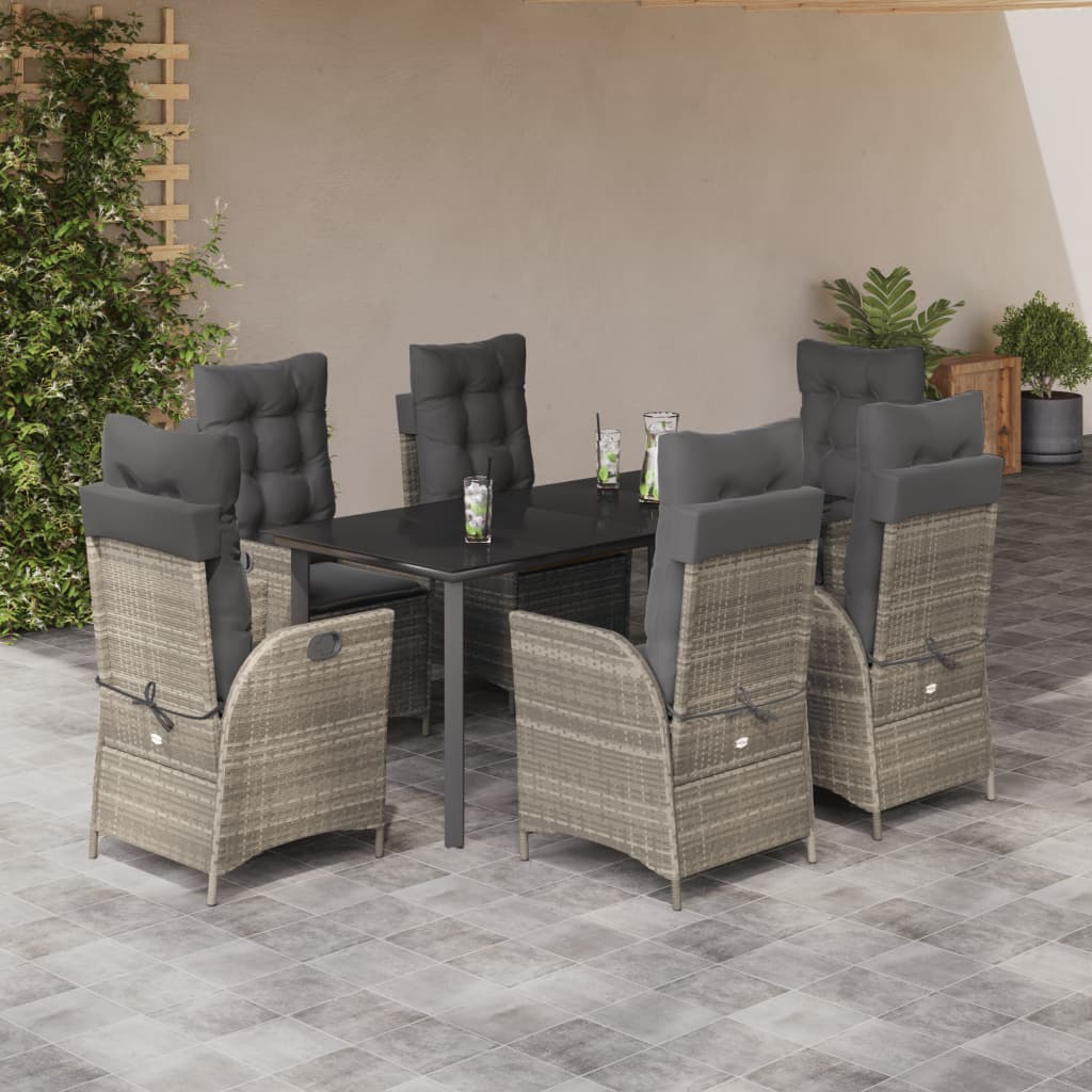 JUNG Vida 7-tlg. Garten-Essgruppe mit Kissen Hellgrau Poly Rattan