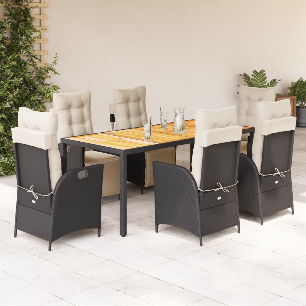 JUNG Vida 7-tlg. Garten-Essgruppe mit Kissen Schwarz Poly Rattan