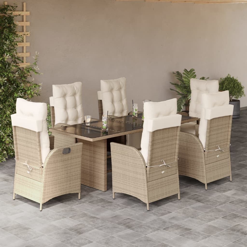 JUNG Vida 7-tlg. Garten-Essgruppe mit Kissen Beige Poly Rattan