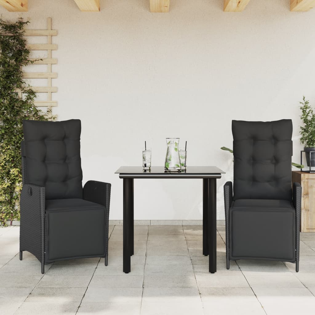 JUNG Vida 3-tlg. Garten-Essgruppe mit Kissen Schwarz Poly Rattan