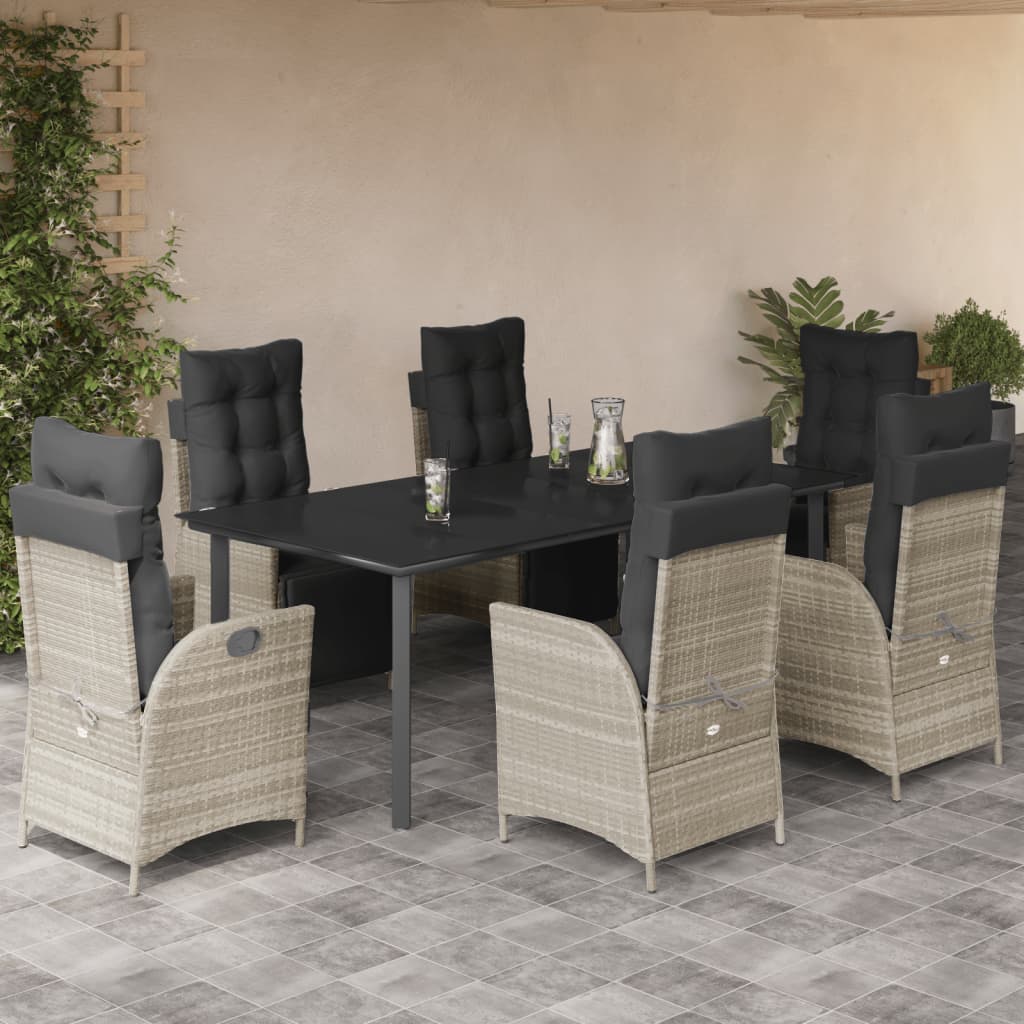 JUNG Vida 7-tlg. Garten-Essgruppe mit Kissen Hellgrau Poly Rattan