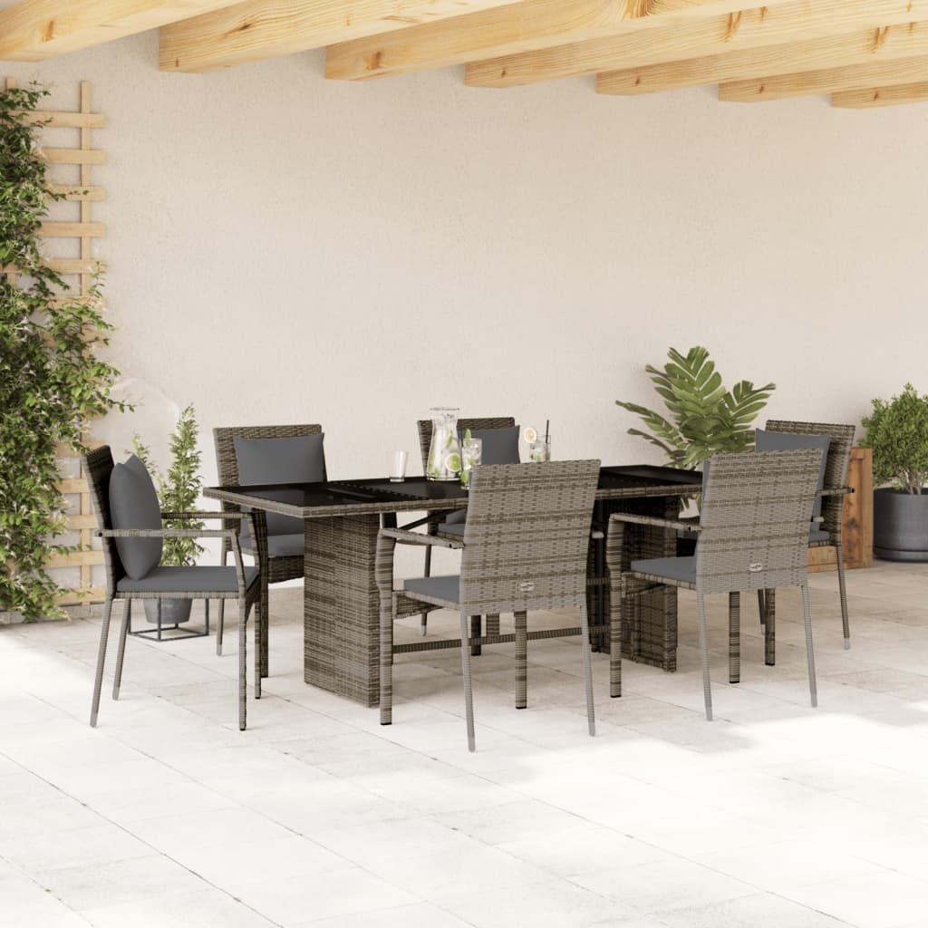 JUNG Vida 7-tlg. Garten-Essgruppe mit Kissen Grau Poly Rattan