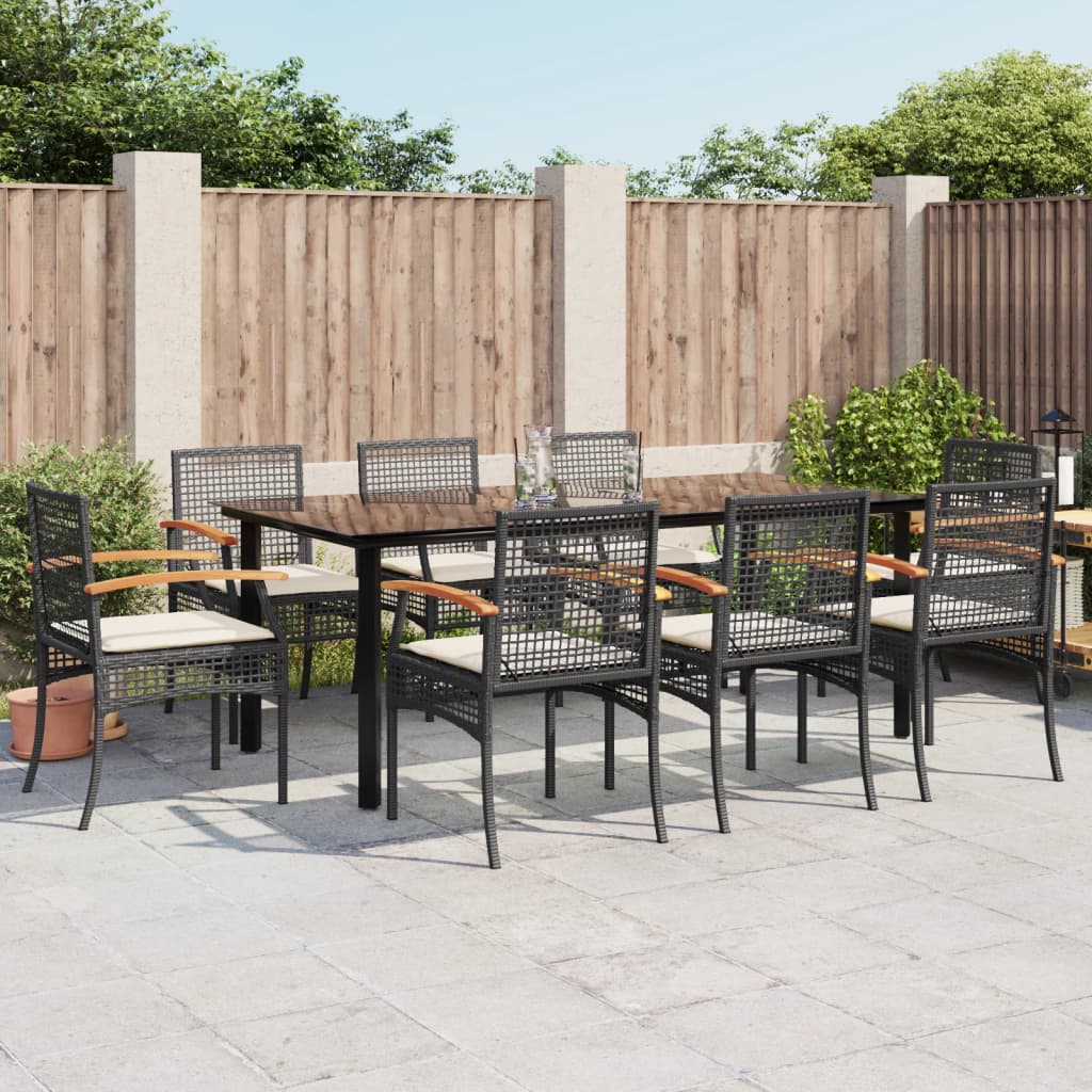 JUNG Vida 9-tlg. Garten-Essgruppe mit Kissen Schwarz Poly Rattan