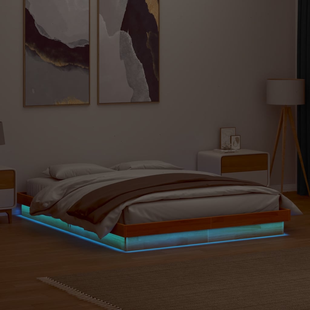JUNG Vida Massivholzbett mit LED-Beleuchtung Wachsbraun 160x200 cm Kiefer
