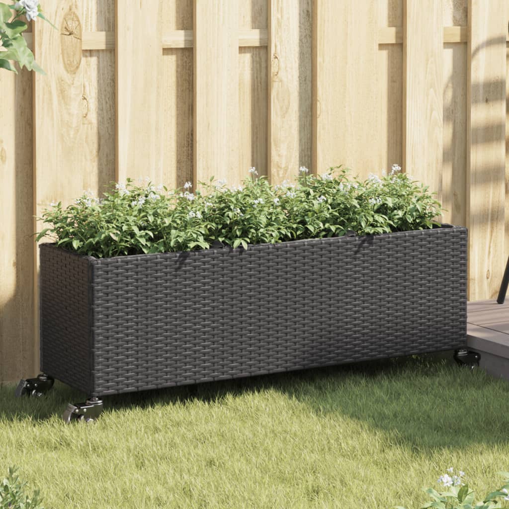 JUNG Vida Hochbeet mit Rollen & 3 Fächern Schwarz 107x32x38cm Poly Rattan