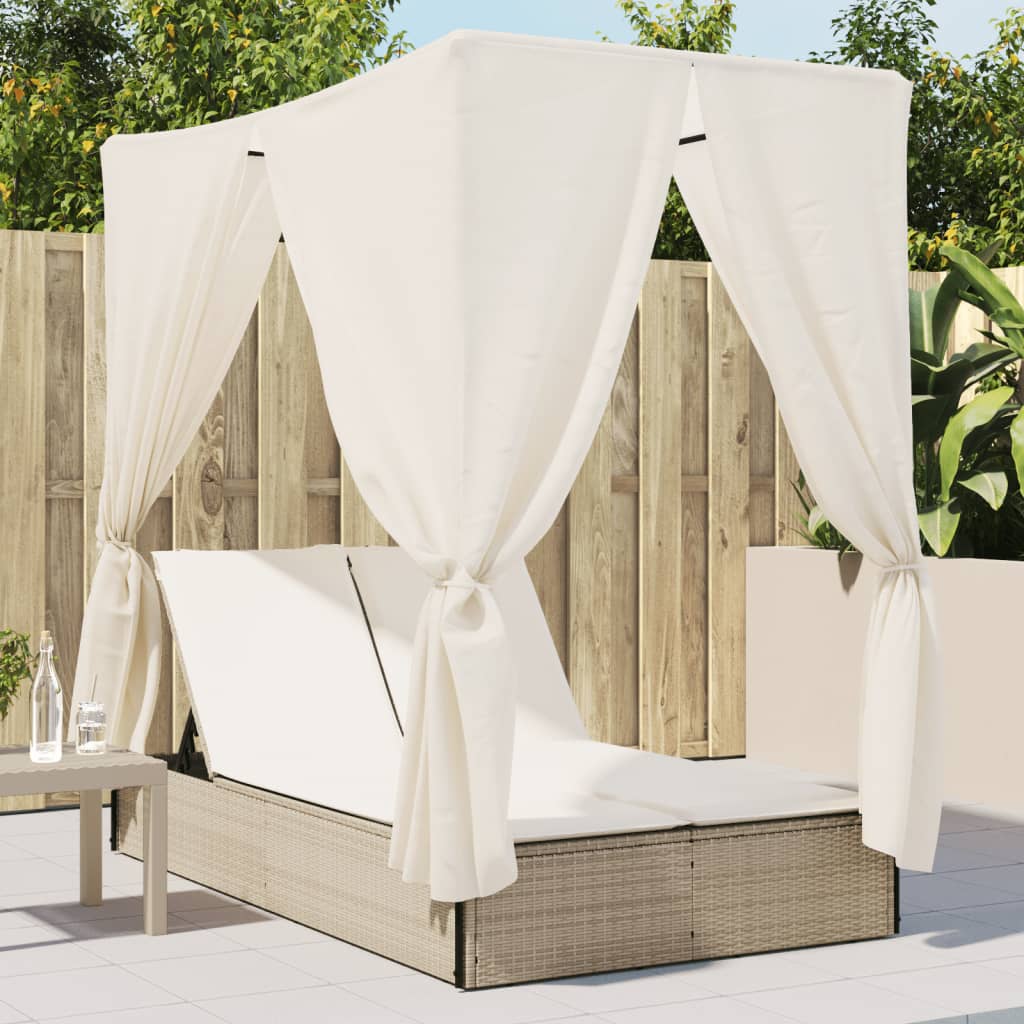 JUNG Vida Doppel-Sonnenliege mit Dach und Vorhängen Beige Poly Rattan