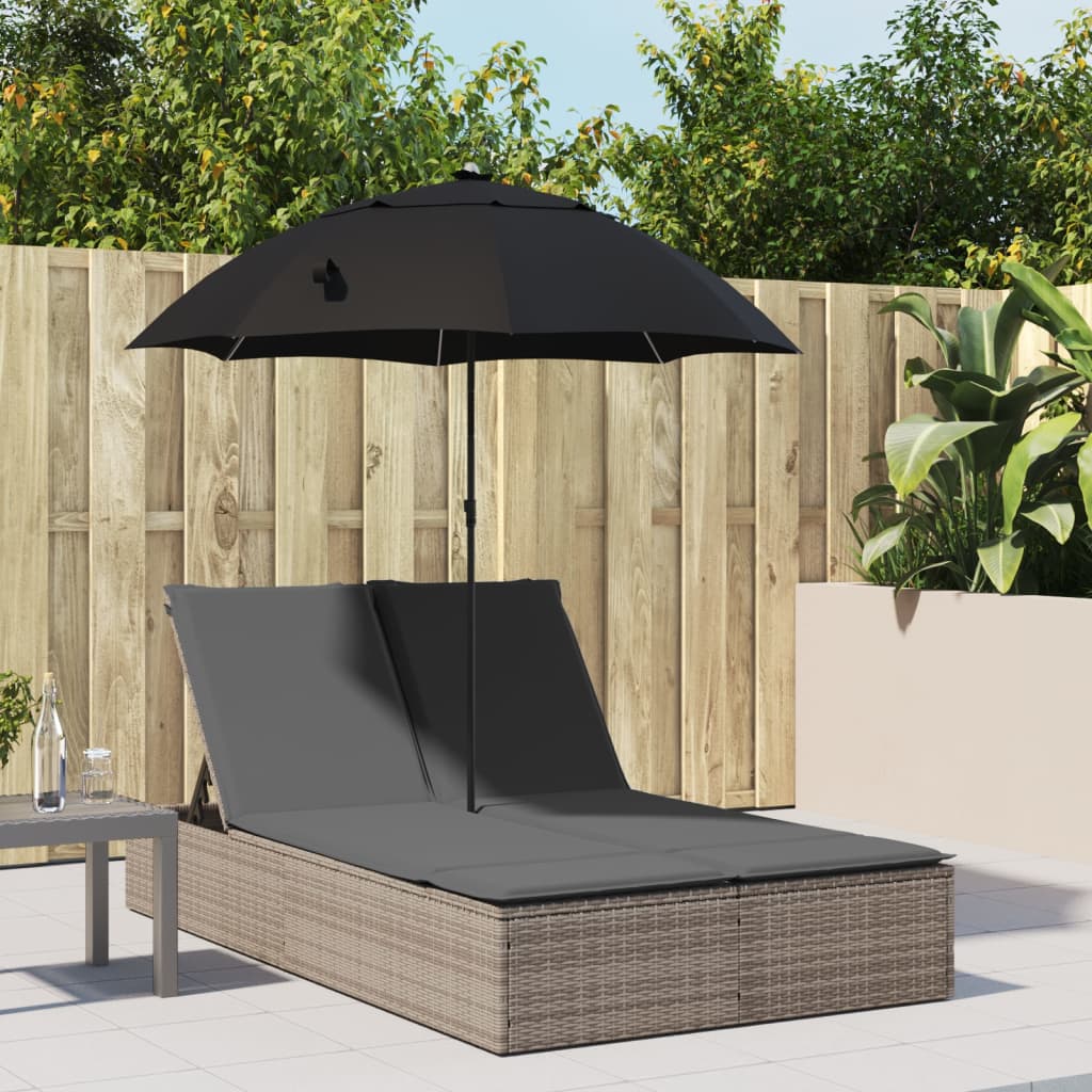JUNG Vida Doppel-Sonnenliege mit Kissen & Sonnenschirm Grau Poly Rattan