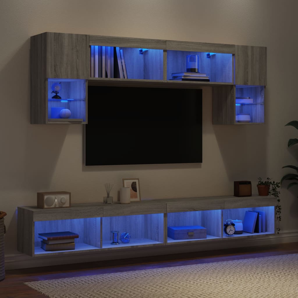 JUNG Vida 6-tlg. Wohnwand mit LED-Beleuchtung Grau Sonoma Holzwerkstoff