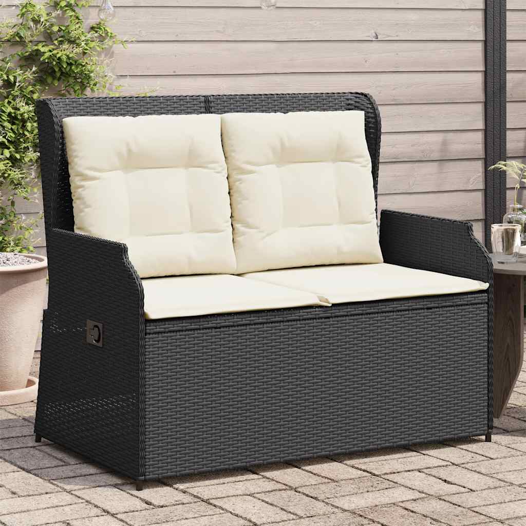 JUNG Vida Gartenbank Verstellbar mit Kissen Schwarz Poly Rattan