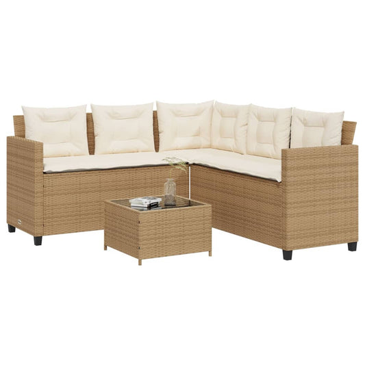 JUNG Vida Gartensofa in L-Form mit Tisch und Kissen Beige Poly Rattan