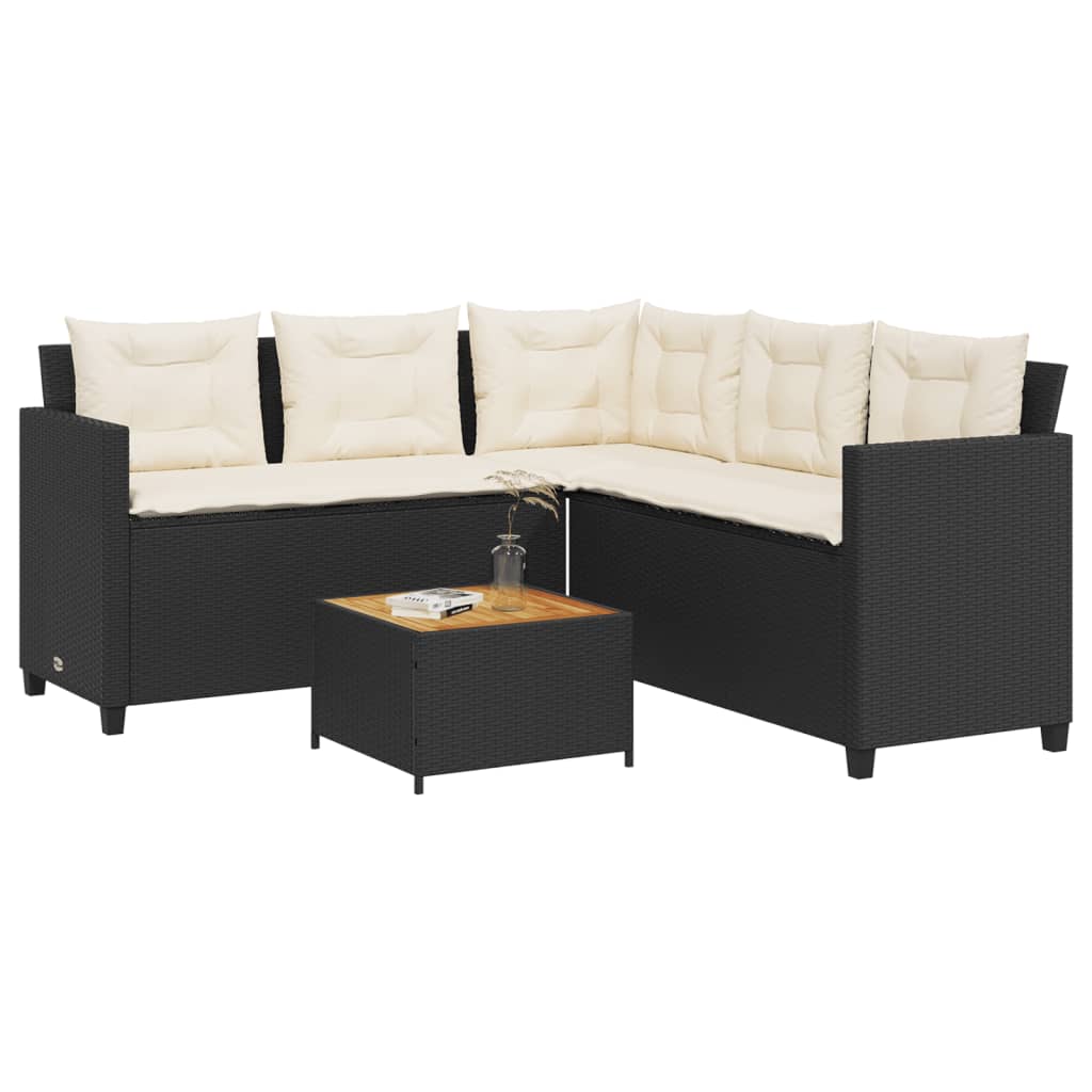 JUNG Vida Gartensofa in L-Form mit Tisch und Kissen Schwarz Poly Rattan