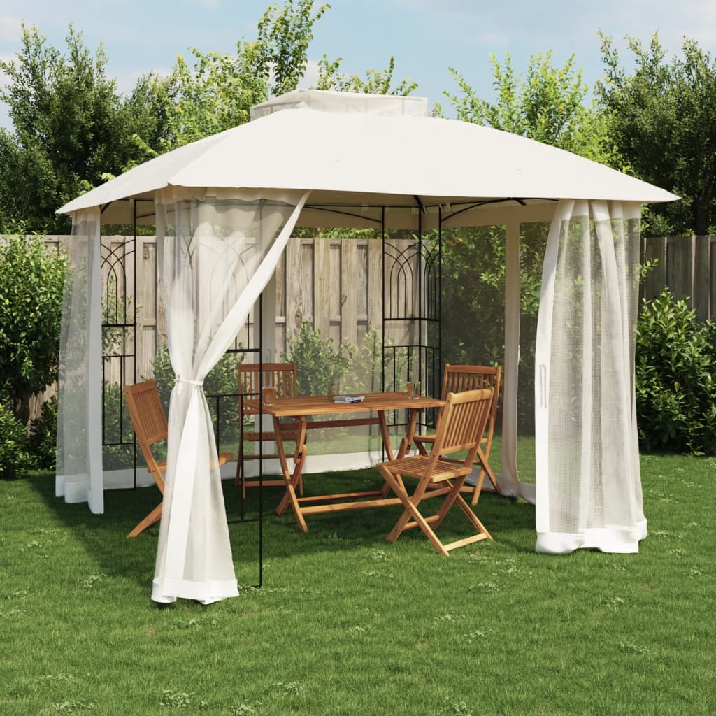 JUNG Vida Pavillon mit Doppeldach & Netzwänden Creme 2,94x2,94 m Stahl