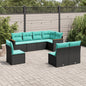 JUNG Vida 8-teiliges Gartensofa-Set mit Kissen, schwarzes Polyrattan
