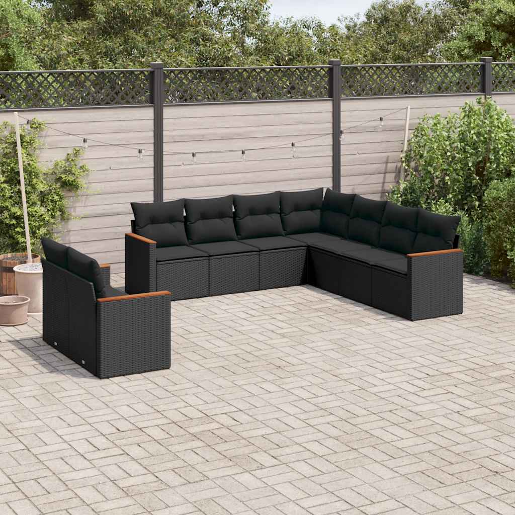 JUNG Vida 9-tlg. Garten-Sofagarnitur mit Kissen Schwarz Poly Rattan