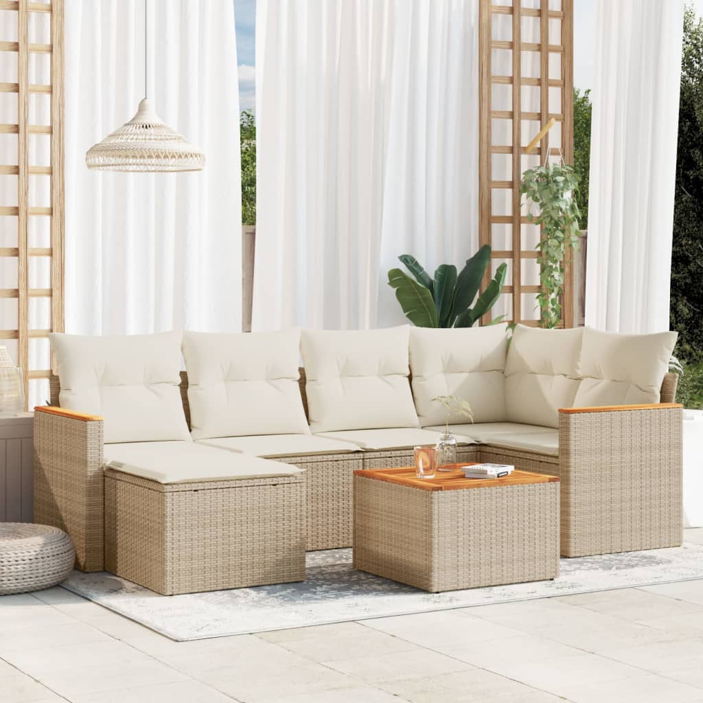 JUNG Vida 7-tlg. Garten-Sofagarnitur mit Kissen Beige Poly Rattan