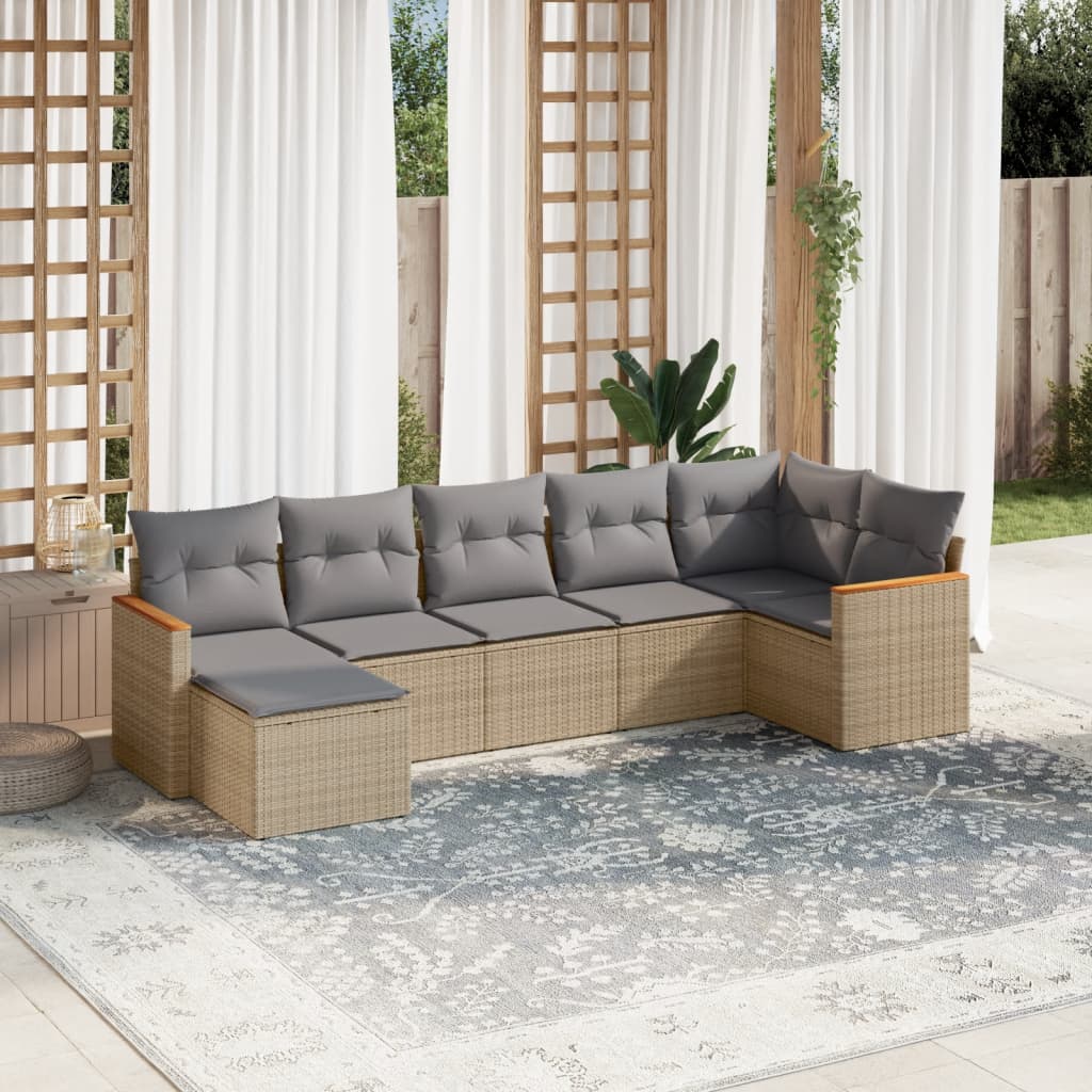 JUNG Vida 7-tlg. Garten-Sofagarnitur mit Kissen Beige Poly Rattan
