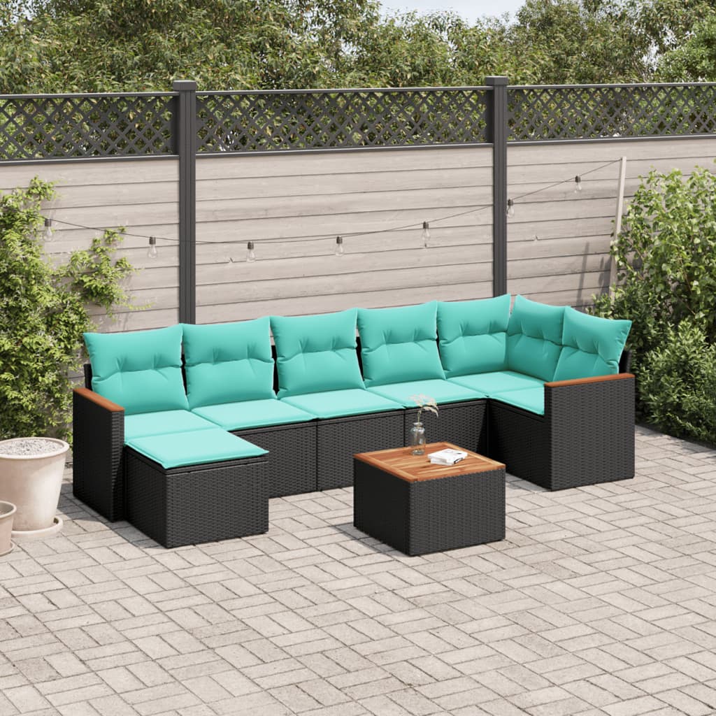 JUNG Vida 8-teiliges Gartensofa-Set mit Kissen, schwarzes Polyrattan
