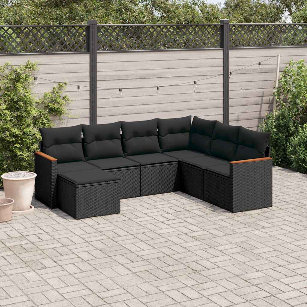 JUNG Vida 7-tlg. Garten-Sofagarnitur mit Kissen Schwarz Poly Rattan