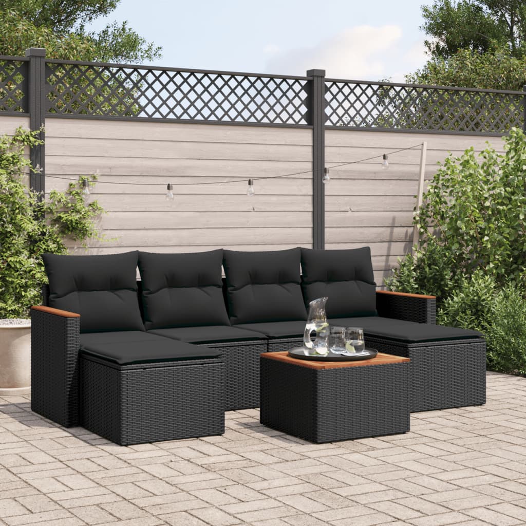 JUNG Vida 7-tlg. Garten-Sofagarnitur mit Kissen Schwarz Poly Rattan