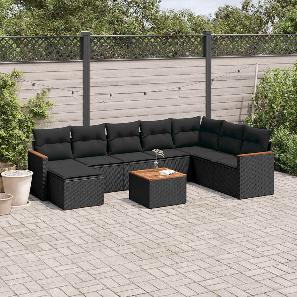 JUNG Vida 9-tlg. Garten-Sofagarnitur mit Kissen Schwarz Poly Rattan
