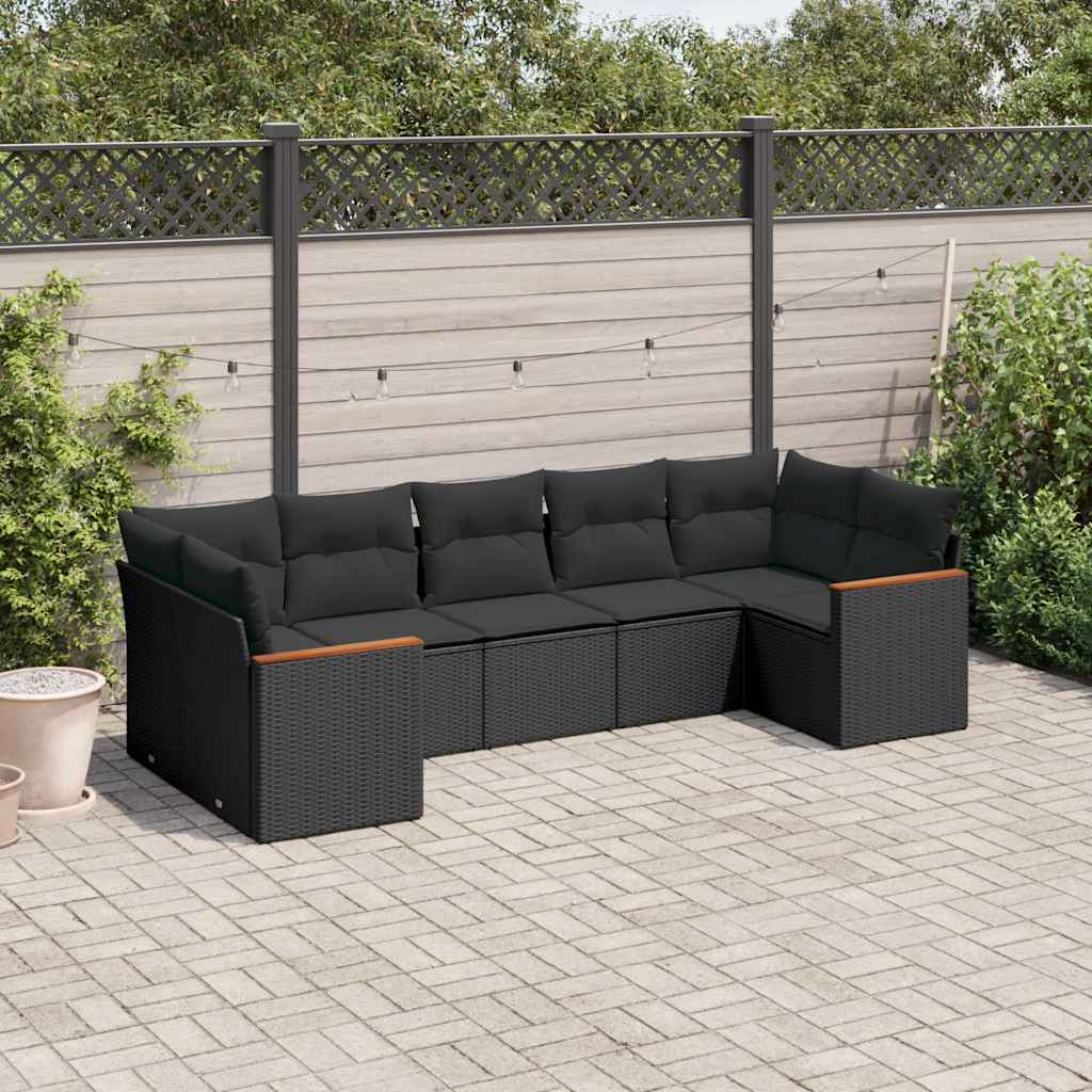 JUNG Vida 7-tlg. Garten-Sofagarnitur mit Kissen Schwarz Poly Rattan