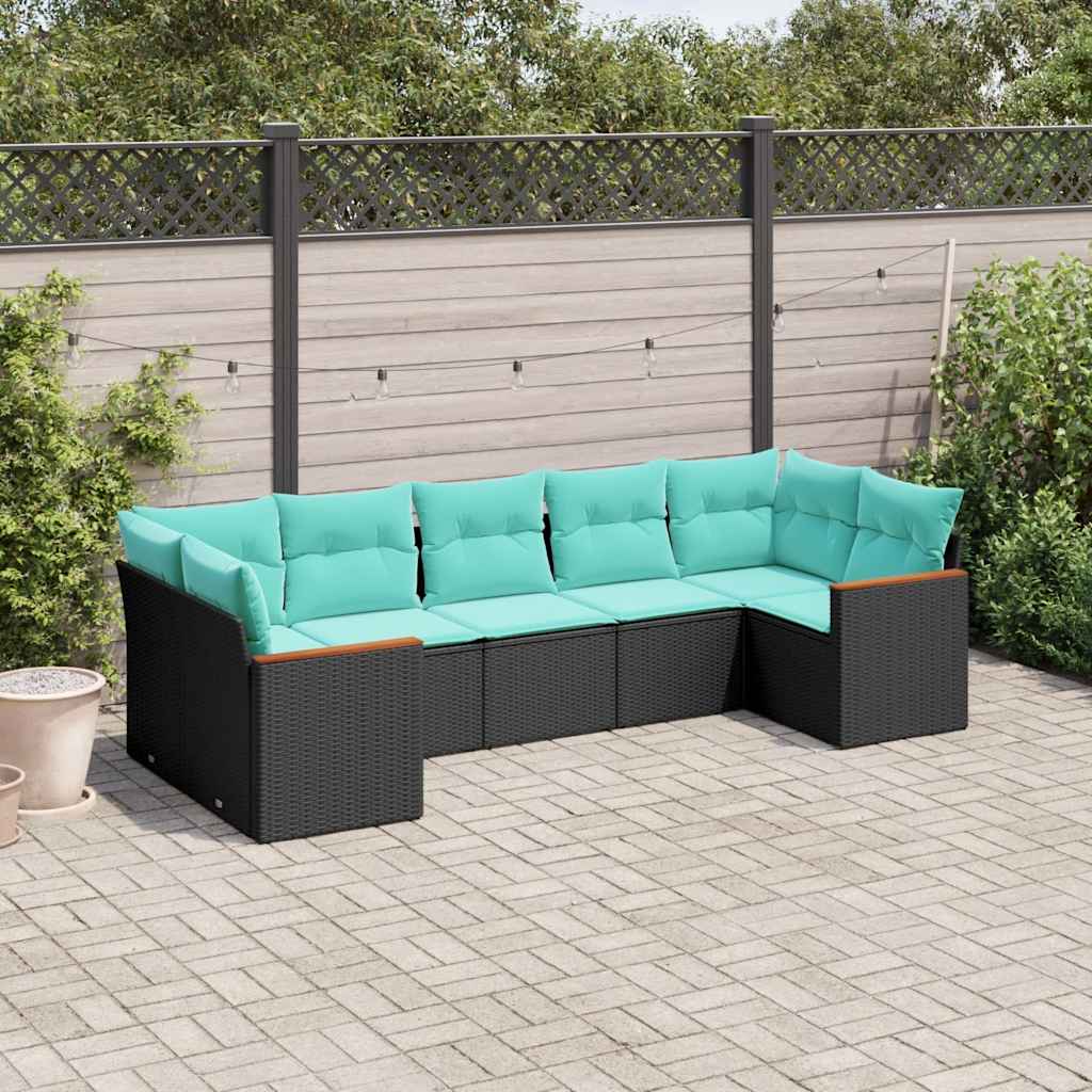 JUNG Vida 7-teiliges Gartensofa-Set mit Kissen, schwarzes Polyrattan
