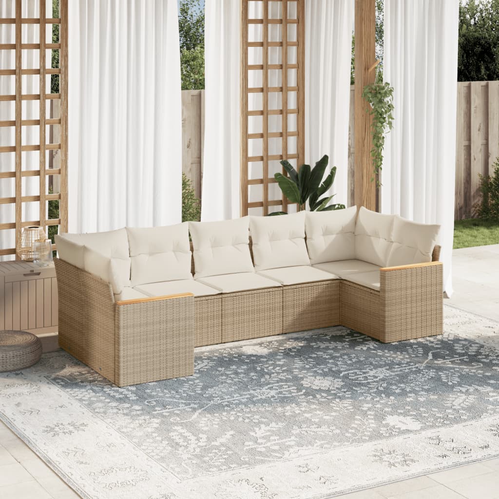JUNG Vida 7-tlg. Garten-Sofagarnitur mit Kissen Beige Poly Rattan