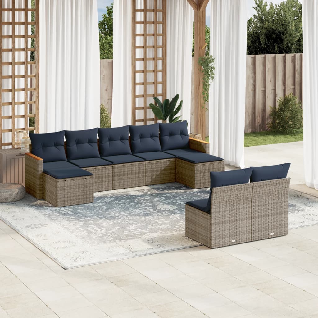 JUNG Vida 9-teiliges Gartensofa-Set mit Kissen, grau, Polyrattan