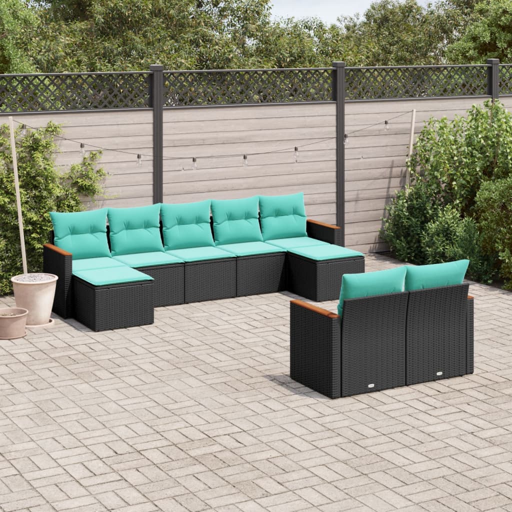 JUNG Vida 9-teiliges Gartensofa-Set mit Kissen, schwarzes Polyrattan