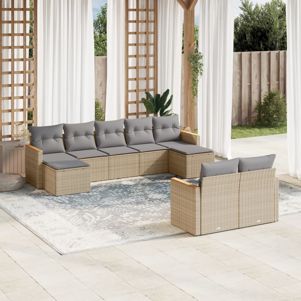 JUNG Vida 9-tlg. Garten-Sofagarnitur mit Kissen Beige Poly Rattan