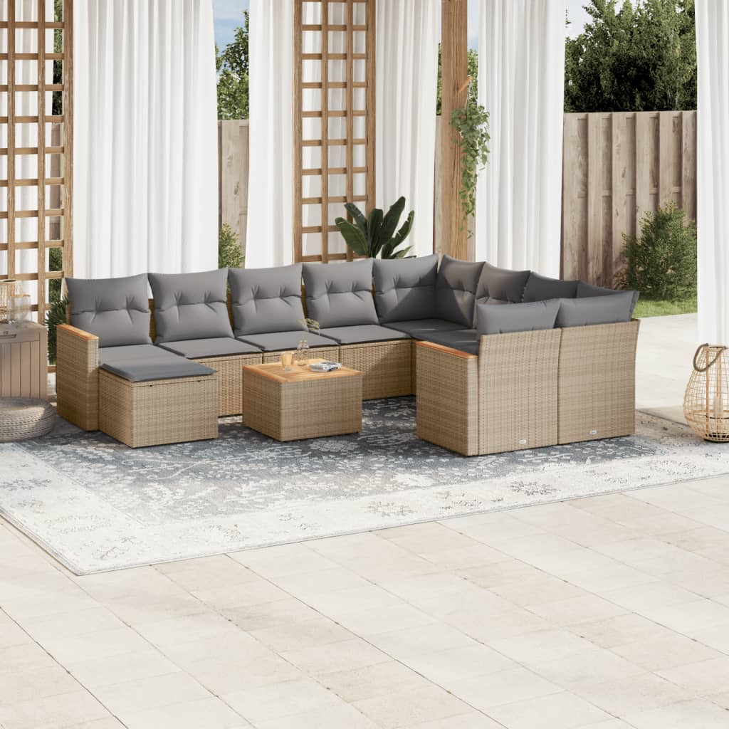 JUNG Vida 11-tlg. Garten-Sofagarnitur mit Kissen Beige Poly Rattan