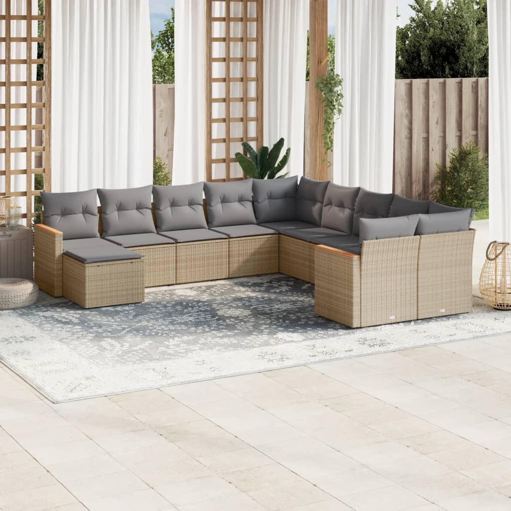 JUNG Vida 11-tlg. Garten-Sofagarnitur mit Kissen Beige Poly Rattan