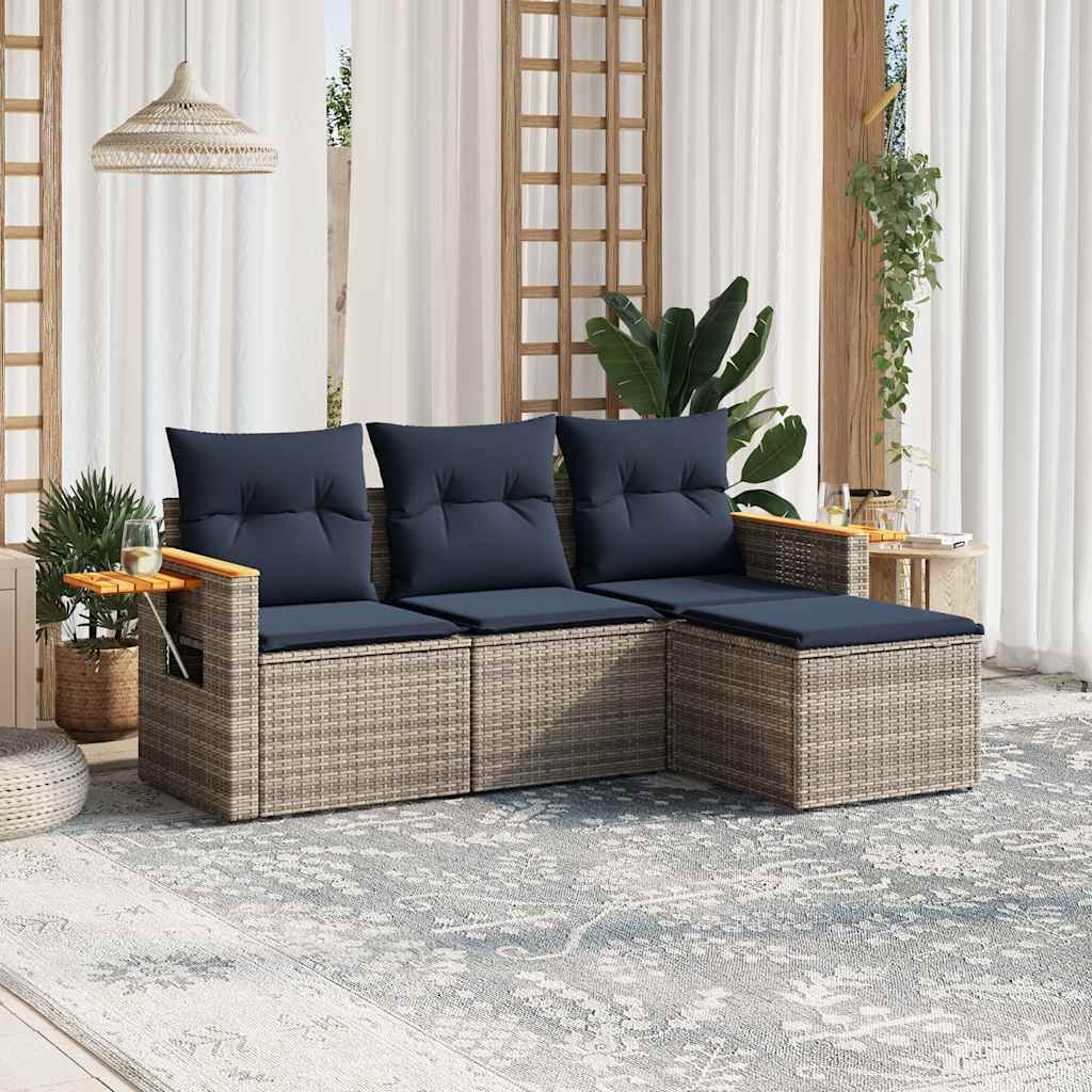 JUNG Vida 4-tlg. Garten-Sofagarnitur mit Kissen Grau Poly Rattan