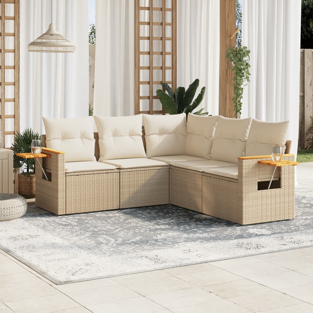 JUNG Vida 5-tlg. Garten-Sofagarnitur mit Kissen Beige Poly Rattan