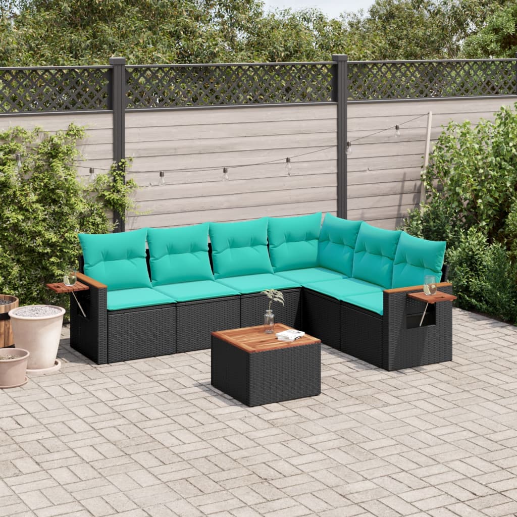 JUNG Vida 7-tlg. Garten-Sofagarnitur mit Kissen Schwarz Poly Rattan