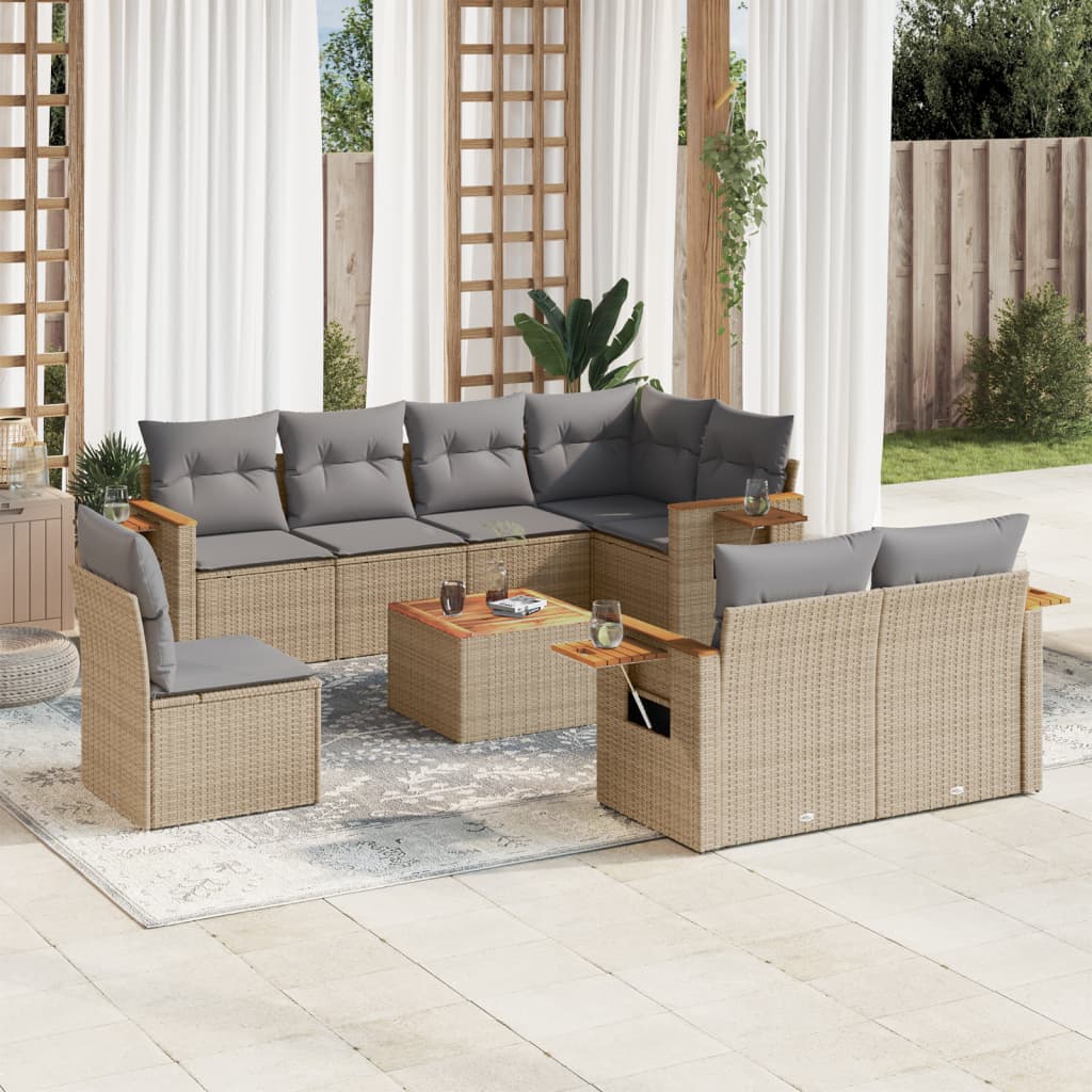 JUNG Vida 9-tlg. Garten-Sofagarnitur mit Kissen Beige Poly Rattan