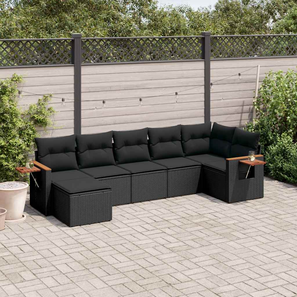 JUNG Vida 7-tlg. Garten-Sofagarnitur mit Kissen Schwarz Poly Rattan