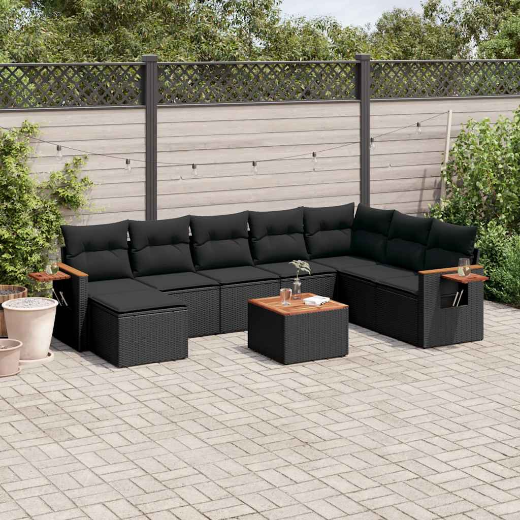 JUNG Vida 9-tlg. Garten-Sofagarnitur mit Kissen Schwarz Poly Rattan