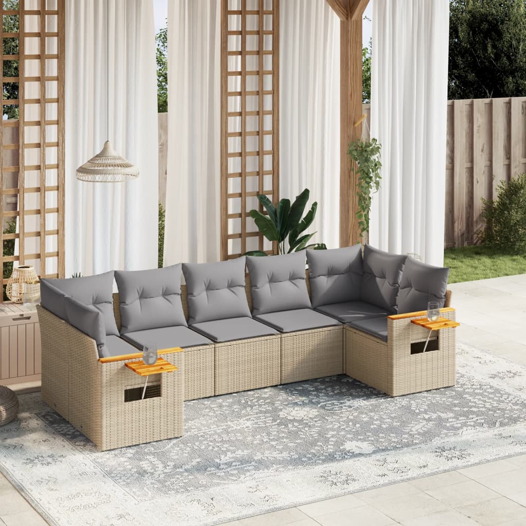 JUNG Vida 7-tlg. Garten-Sofagarnitur mit Kissen Beige Poly Rattan