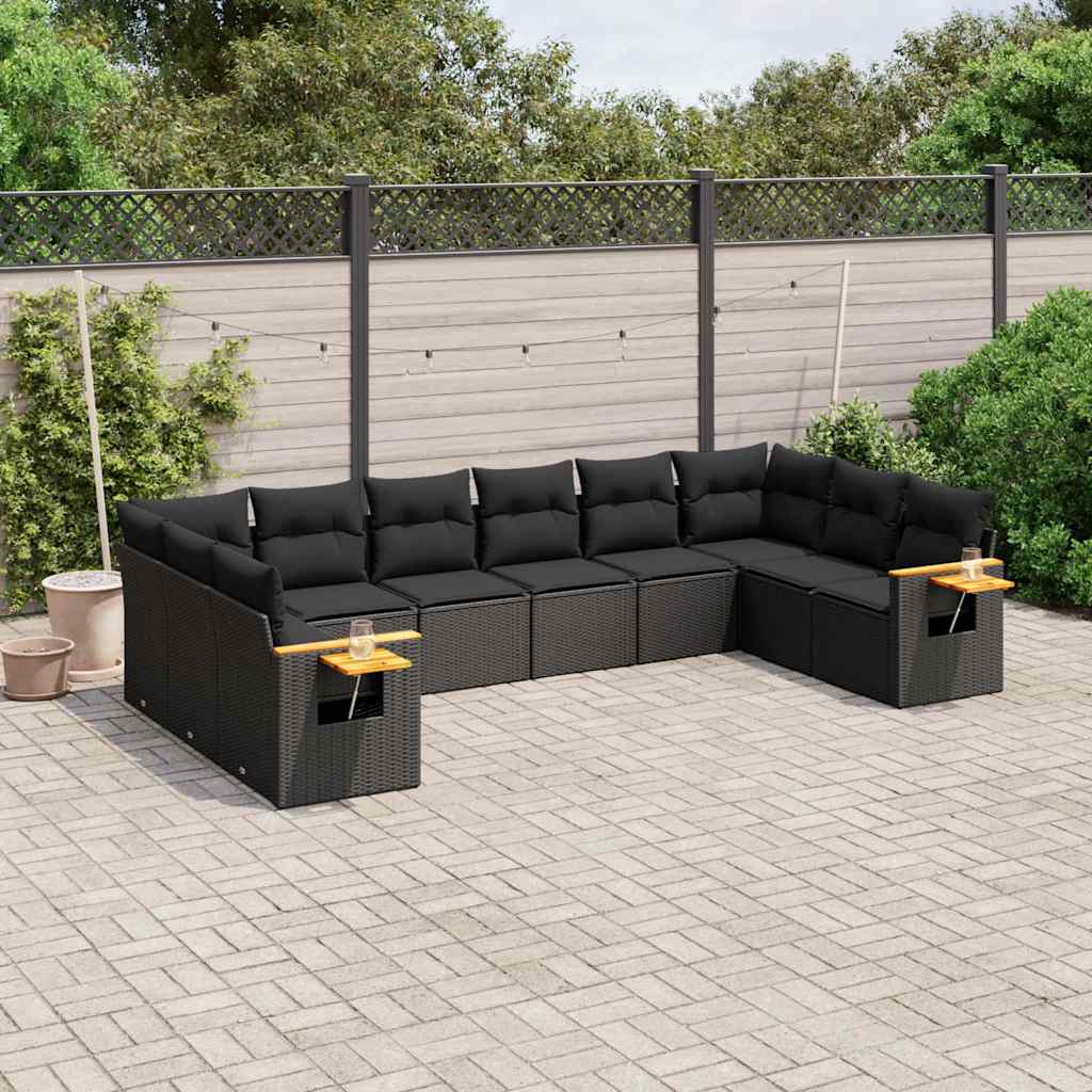 JUNG Vida 10-tlg. Garten-Sofagarnitur mit Kissen Schwarz Poly Rattan