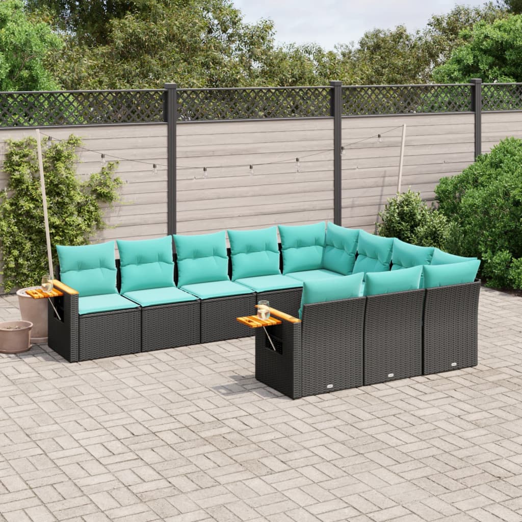 JUNG Vida 10-tlg. Garten-Sofagarnitur mit Kissen Schwarz Poly Rattan